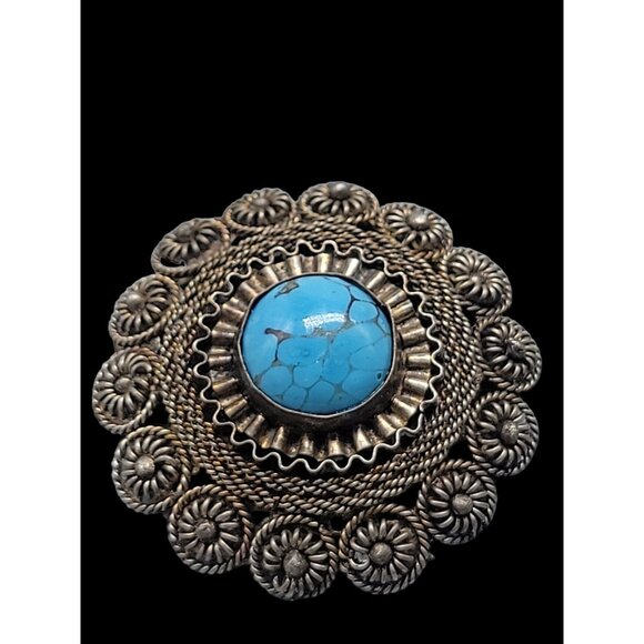 Faux Turquoise Silver Plated Brooch Pendant Blue Glass Filigree Setting Vintage - Picture 6 of 16
